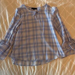 Light Blue Plaid Tie-Neck Women's Top